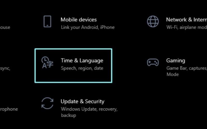 Trong Settings, chọn Time & Language