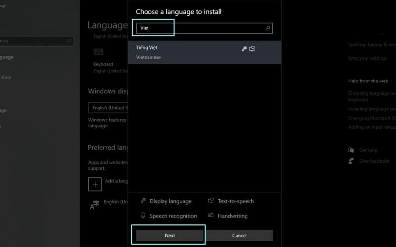 Nhấn chọn Tiếng Việt và chọn Next