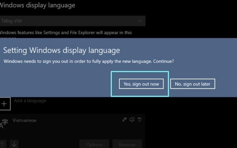 Windows sẽ yêu cầu bạn đăng xuất (Sign out) để thay đổi có hiệu lực