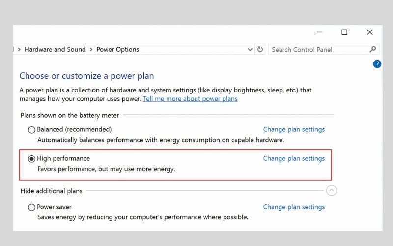 Chọn chế độ High Performance để CPU và các linh kiện khác hoạt động ở công suất tối đa