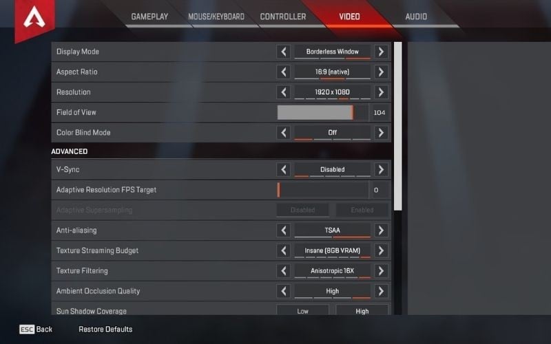 Giao diện điều chỉnh Video Settings trong game