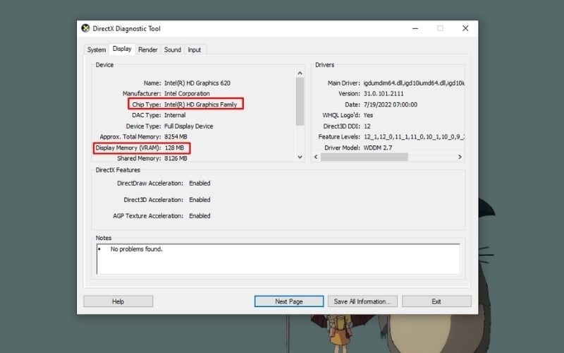 Xem thông tin tại dòng Chip Type (Tên GPU) và Display Memory (VRAM)