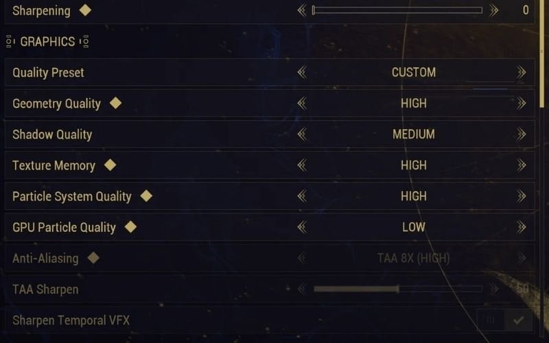 Giao diện setting Warframe để tăng FPS