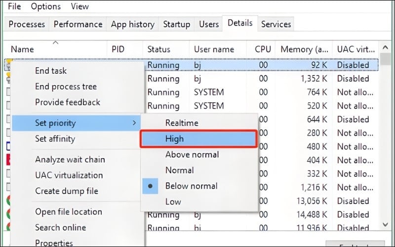 Thiết lập ưu tiên High Priority trong Task Manager