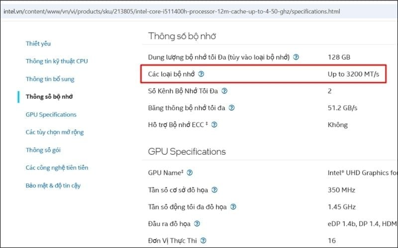 Tra cứu thông số bus RAM mà CPU hỗ trợ tại Intel ARK trước khi mua