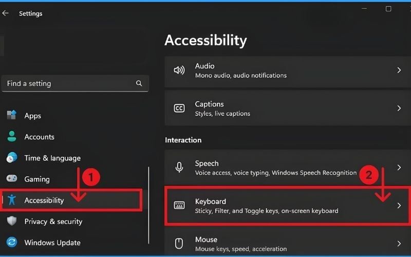 Click mục Accessibility và chọn Keyboard