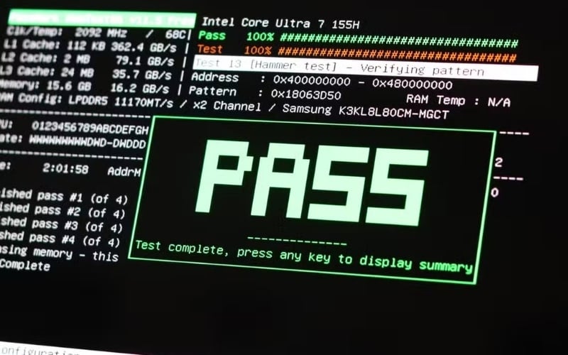 Test RAM cũ chuyên sau với MemTest86 hơn 2 lần đến khi màn hình hiển thị Pass