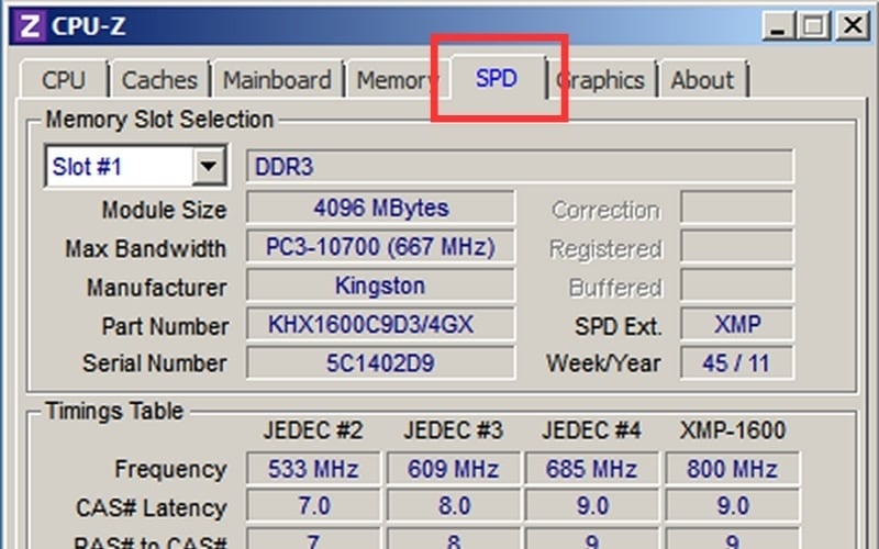 Xác minh thông số trong tab SPD bằng phần mềm CPU-Z