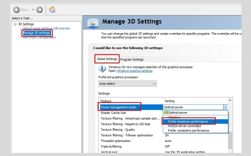 Chuyển thiết lập từ Optimal power thành Prefer maximum performance