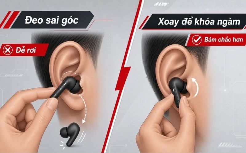 Đeo sai góc độ khiến tai nghe dễ bị rơi