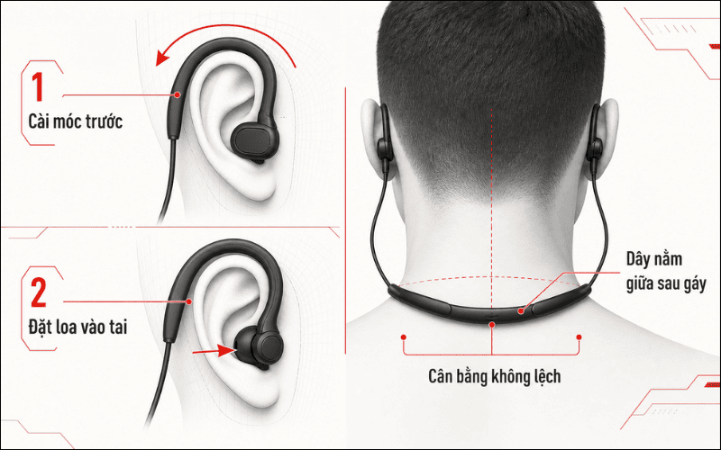 Thao tác đúng giúp tai nghe ear-hook và neckband bám chắc hơn