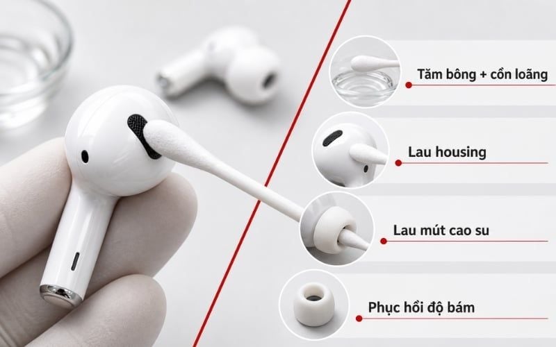 Dùng tăm bông thấm cồn loãng để vệ sinh tai nghe