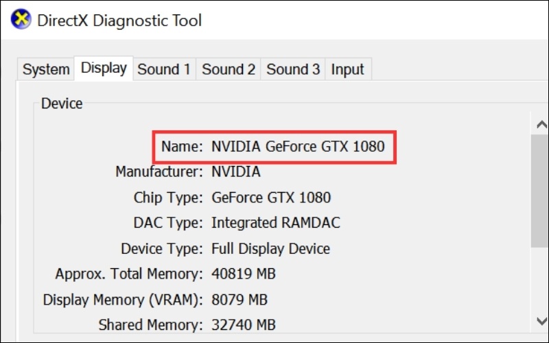 Tìm tên model card màn hình ở mục Name