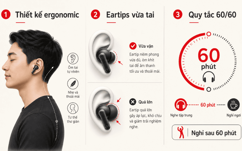 Chọn tai nghe ergonomic, eartips vừa tai và tuân thủ quy tắc 60/60 để bảo vệ tai