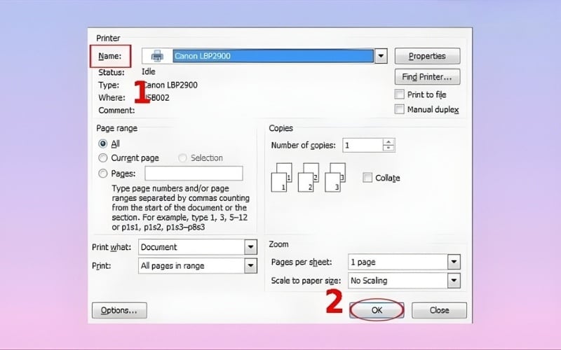 Kiểm tra kết nối máy in và laptop bằng cách in thử một trang