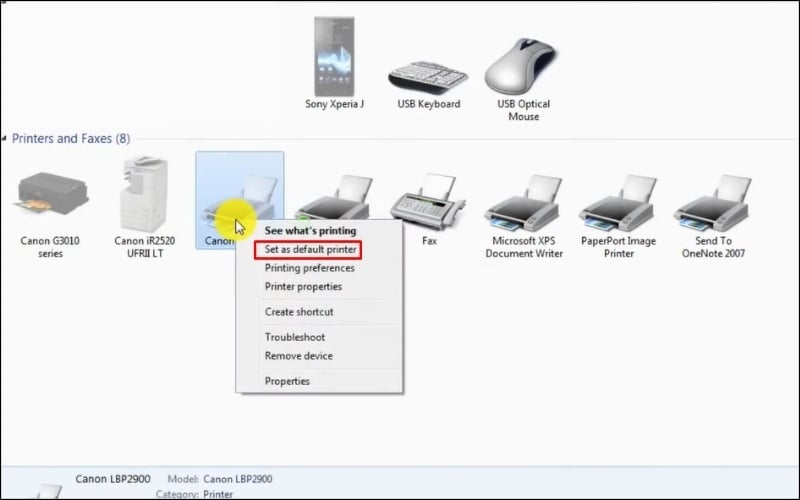 Chọn Set as default printer tại máy in Canon 2900