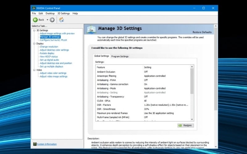 Tùy chỉnh trong NVIDIA Control Panel hoặc AMD Software: Adrenalin Edition