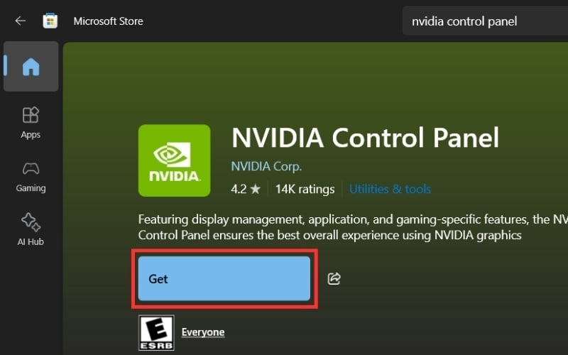 Cài đặt NVIDIA Control Panel từ Microsoft Store