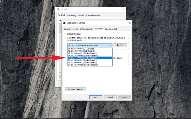 Tại mục Default Format, chọn thử các định dạng và kiểm tra lại âm thanh
