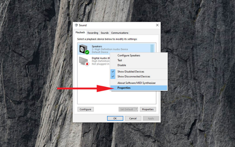 Tại tab Playback, chuột phải vào thiết bị loa và chọn Properties