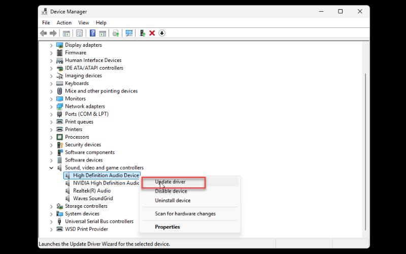 Nhấp chuột phải vào driver âm thanh và chọn Update driver