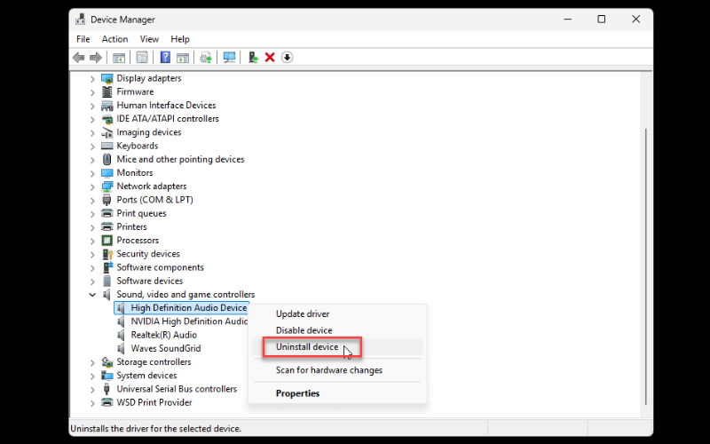 Chọn Uninstall device để gỡ bỏ driver cũ