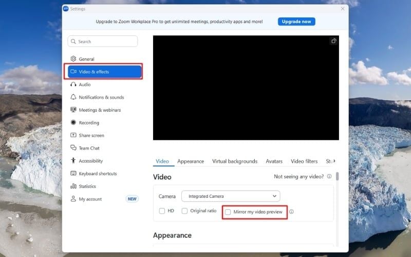 Bỏ tick chọn Mirror my video