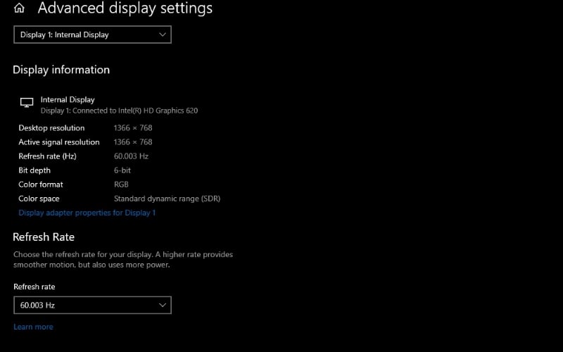 Xác nhận màn hình nhận đủ tần số quét (Refresh Rate) như thông số gốc
