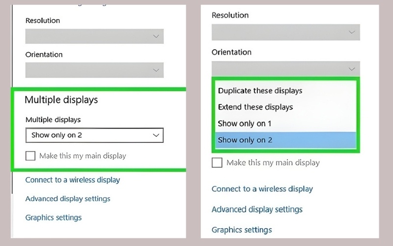 Kéo xuống mục Multiple displays và chọn tùy chọn phù hợp