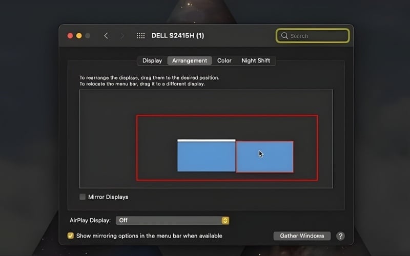 Nếu muốn mở rộng màn hình Mac chọn Arrangement rồi bỏ chọn ô Mirror Display