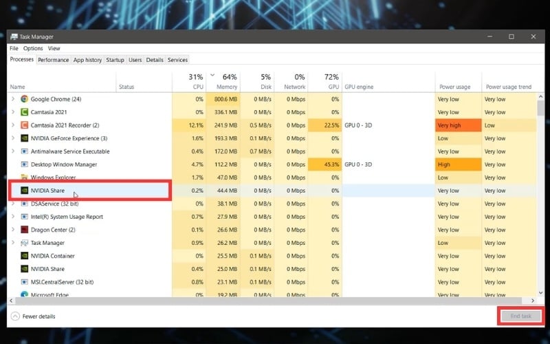 Khởi động lại các tiến trình NVIDIA trong Task Manager