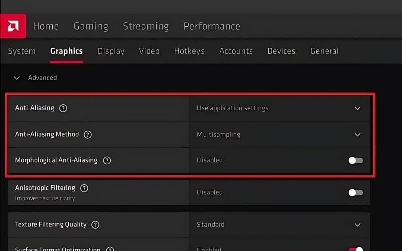 Chọn Anti-Aliasing, Anti-Aliasing Method, Morphological Anti-Aliasing để tinh chỉnh theo ý muốn