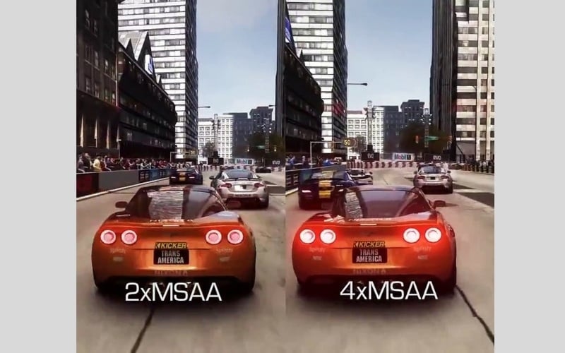 MSAA 4x sẽ lấy 4 mẫu tại mỗi pixel cạnh viền, cho kết quả mịn hơn MSAA 2x chỉ lấy 2 mẫu