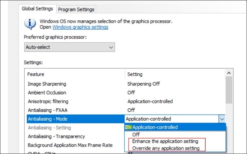 Chọn Enhance the application setting hay Override any application setting
