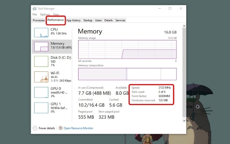 Kiểm tra dung lượng RAM qua Task Manager