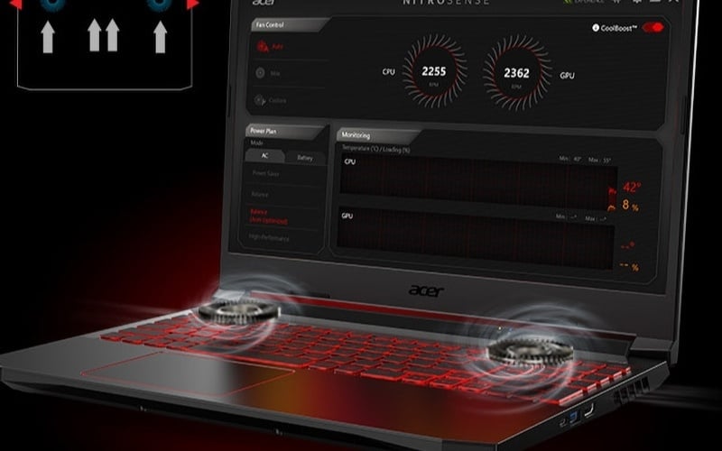 Hệ thống tản nhiệt của Acer Nitro 5 gồm 2 quạt công suất lớn phối hợp với 4 cổng thoát khí
