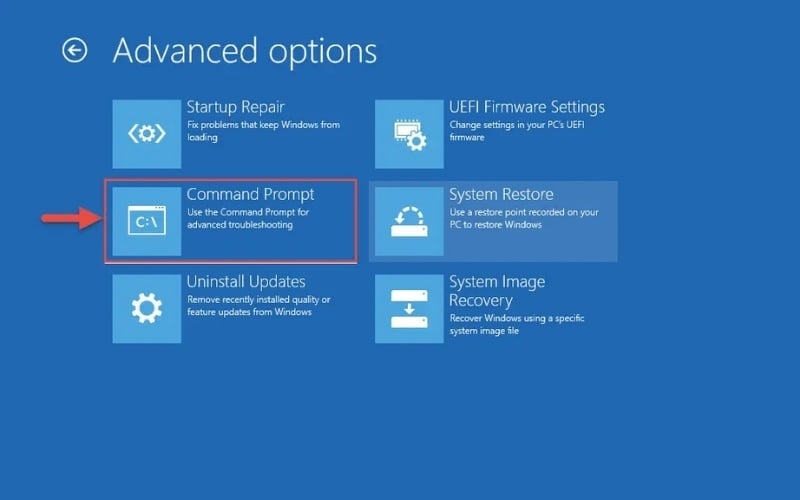 Chọn Advanced options > Command Prompt