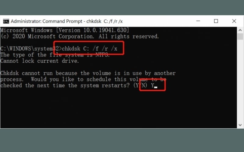 Tiếp tục gõ lệnh sau để kiểm tra và sửa lỗi trên ổ cứng