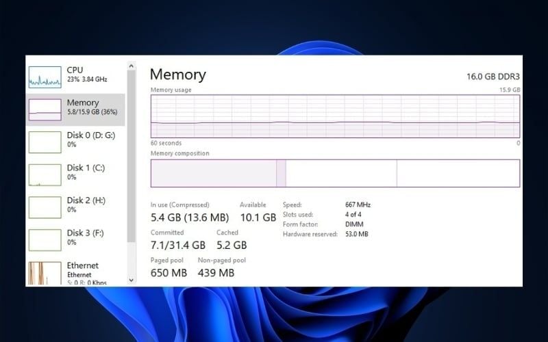 Kiểm tra khả năng nâng cấp RAM laptop HP bằng Task Manager trên Windows