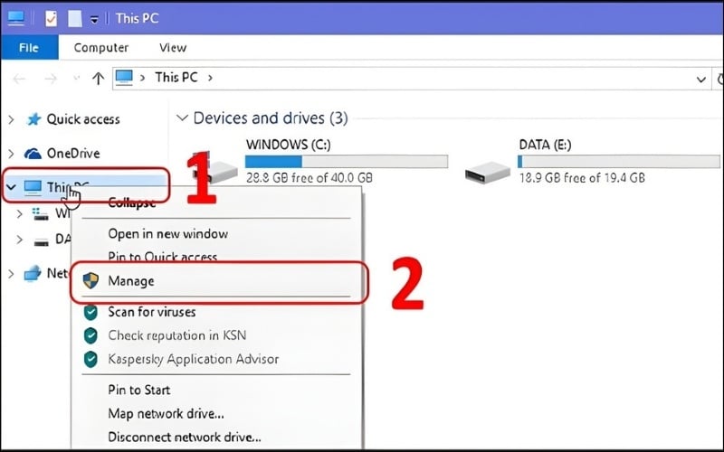 Click chuột phải vào biểu tượng This PC > Chọn Manage