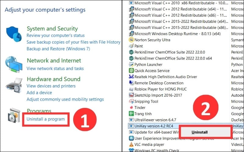 Chọn Uninstall a program để gỡ bỏ các bộ gõ bị xung đột