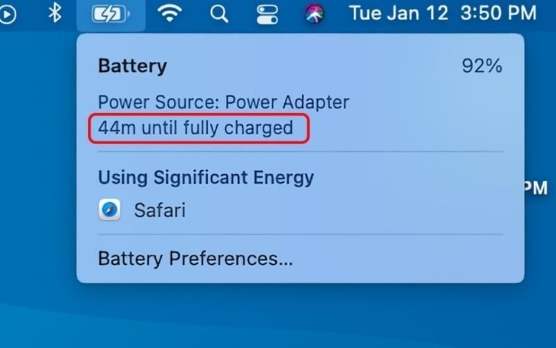 Dòng Until fully charged cho bạn biết thời gian dự kiến sạc đầy pin