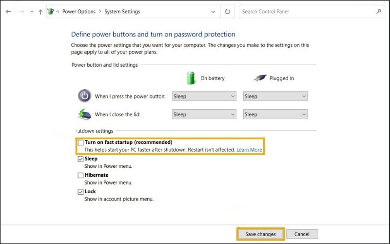 Bỏ dấu tích ở ô Turn on fast startup (recommended) rồi nhấn Save changes