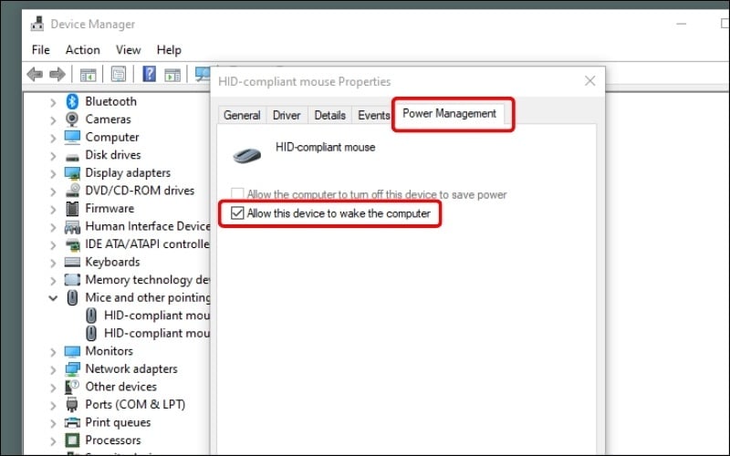 Chuyển sang tab Power Management và tích vào ô Allow this device to wake the computer