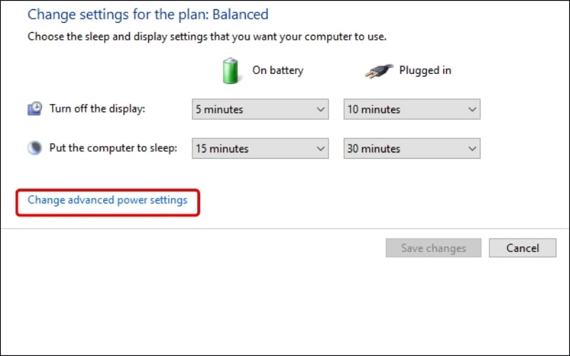 Chọn Change advanced power settings