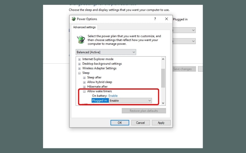 Tìm đến mục Sleep > Allow wake timers và chuyển cài đặt sang Enable