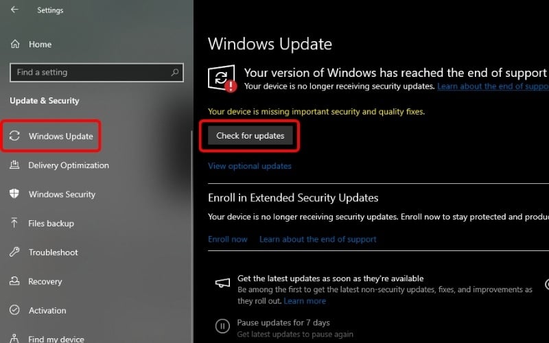 Chọn Windows Update và nhấn Check for updates