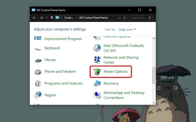 Mở Control Panel > Chọn Power Options