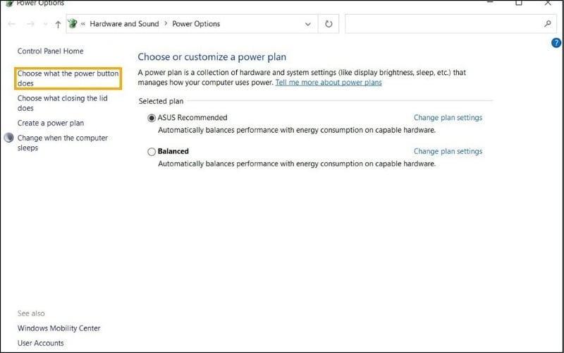 Ở menu bên trái, chọn Choose what the power buttons does