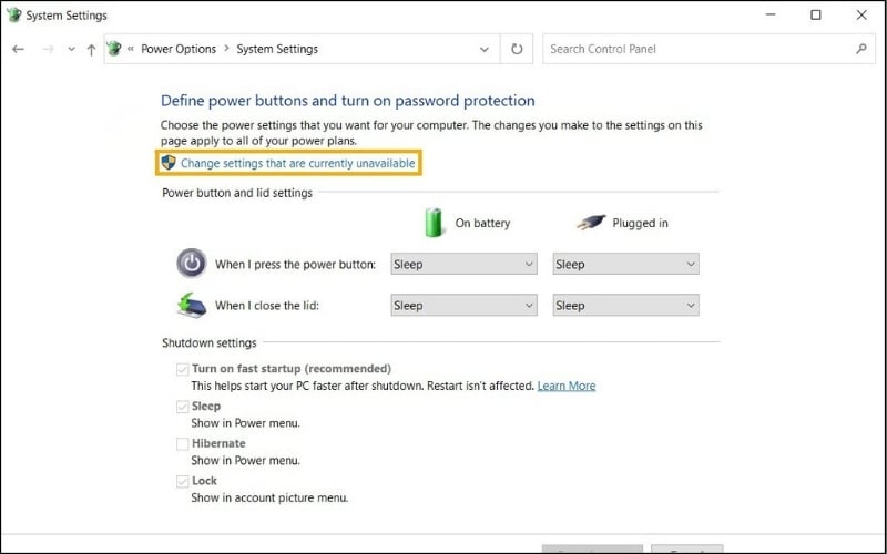 Nhấp vào Change settings that are currently unavailable